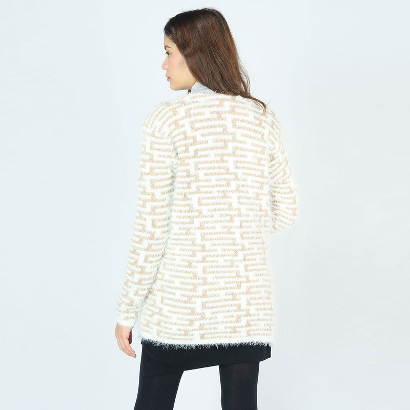 เสื้อคลุมไหมพรมแขนยาว - Striped Open Front Mid-long Knit Cardigan Jackets